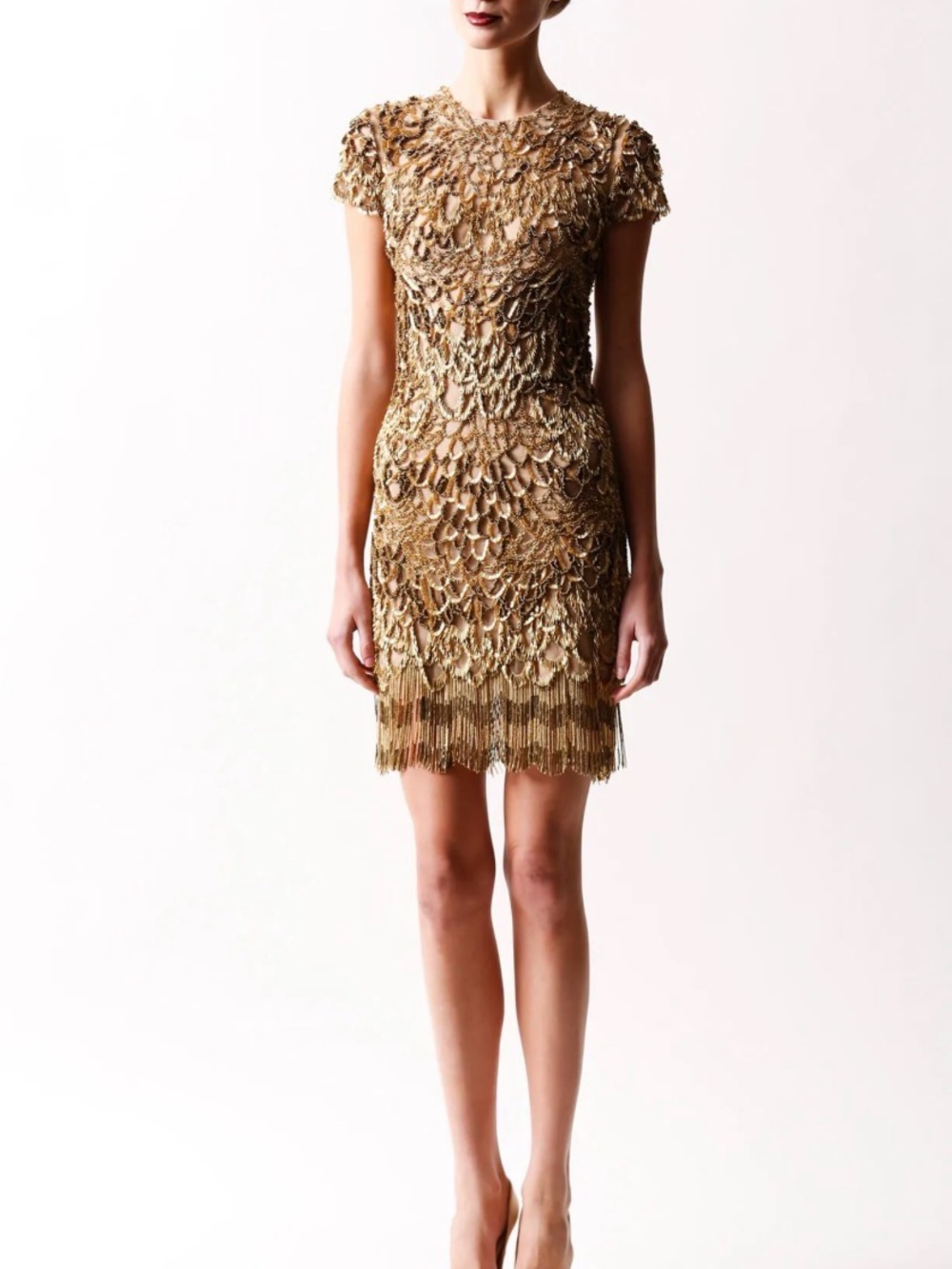 Naeem Khan Metallic Gold Beaded Fringe Midi Dress